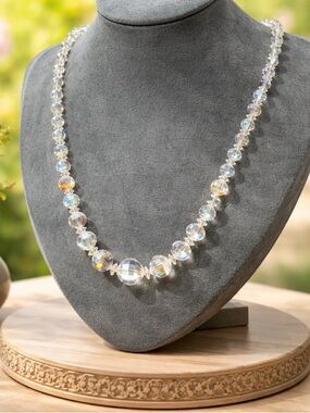 Vintage Laguna AB Crystal Necklace Aurora Borealis Beaded 20-22” Shepherds Hook